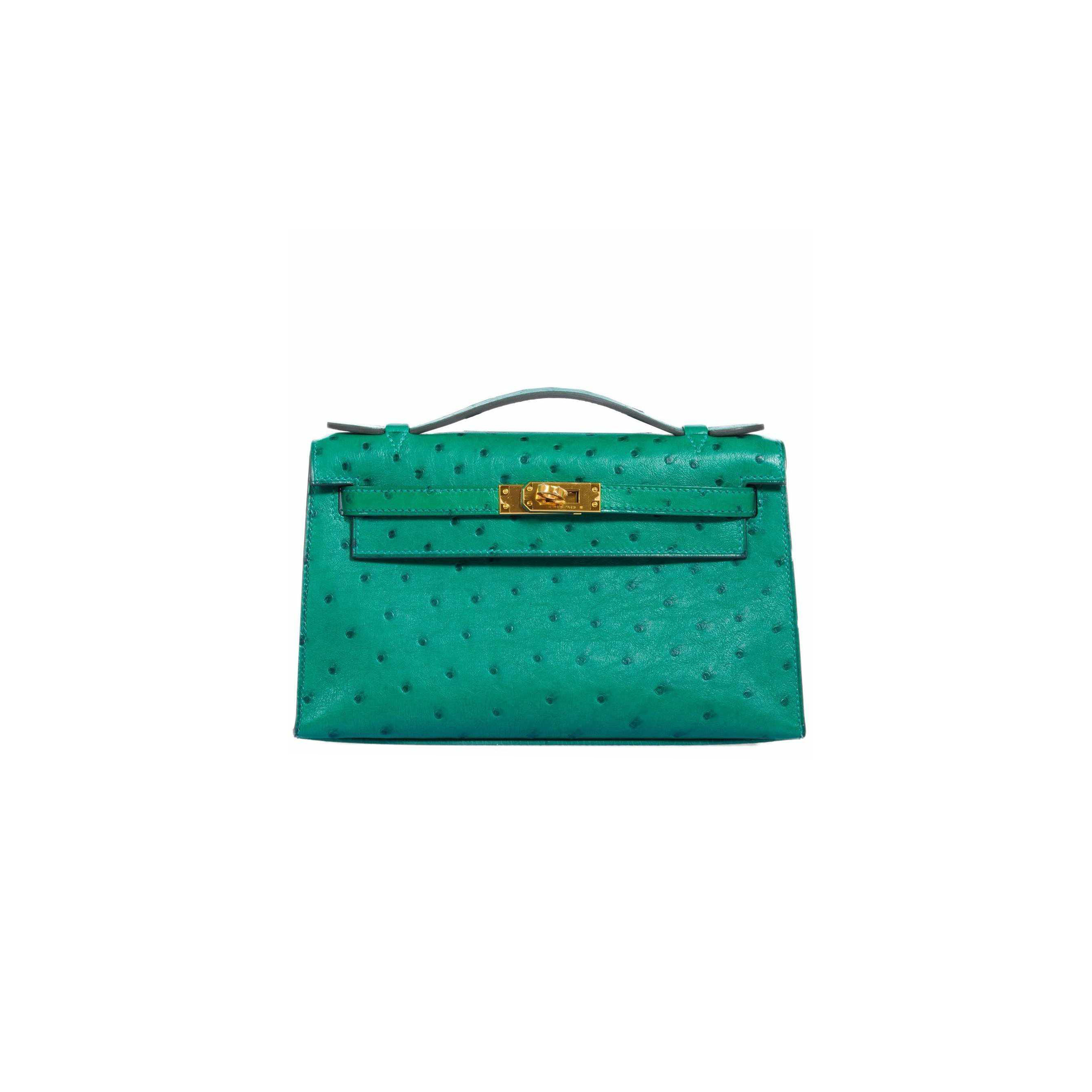 HERMÈS MASTER KELLY POCHETTE VERT VERONE OSTRICH GOLD HARDWARE (22*14*7cm)